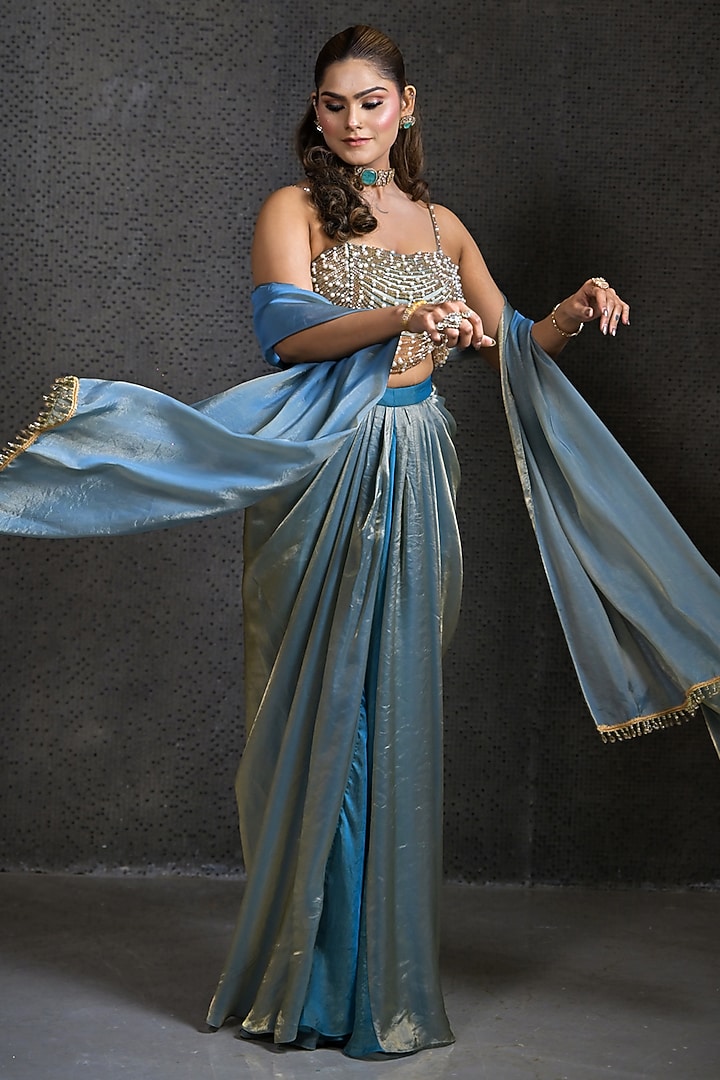 Light Blue Imported Tissue Draped Skirt Set by Label Nilansha Jain at Pernia's Pop Up Shop