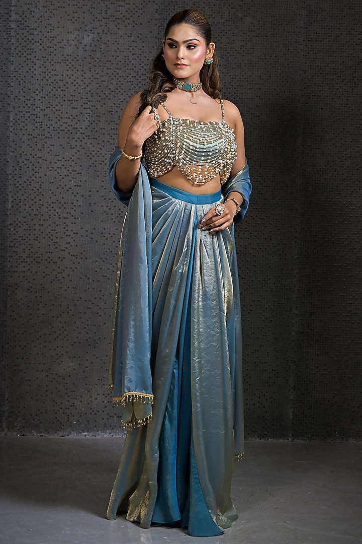 Light Blue Imported Tissue Draped Skirt Set by Label Nilansha Jain at Pernia's Pop Up Shop