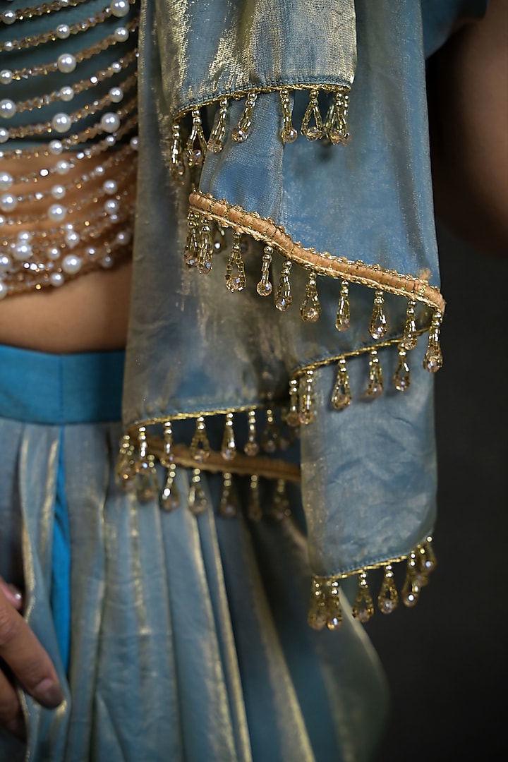 Light Blue Imported Tissue Draped Skirt Set by Label Nilansha Jain at Pernia's Pop Up Shop