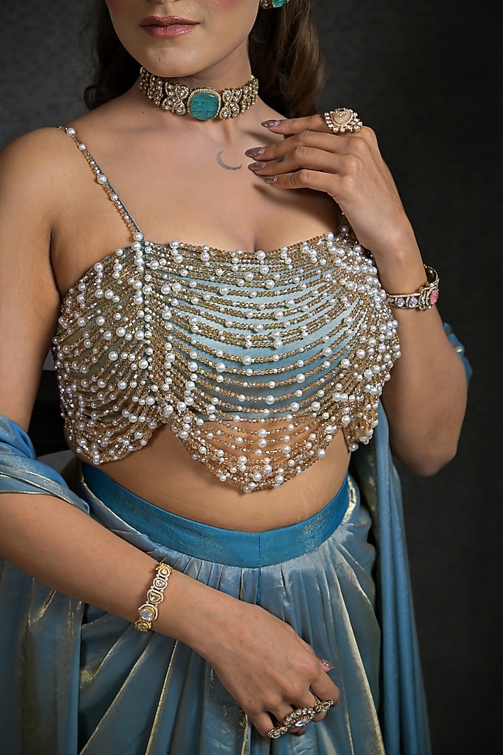 Light Blue Imported Tissue Draped Skirt Set by Label Nilansha Jain at Pernia's Pop Up Shop