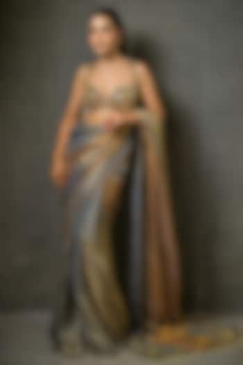 Silver & Gold Imported Tissue Pre-Draped Wedding Saree Set by Label Nilansha Jain at Pernia's Pop Up Shop