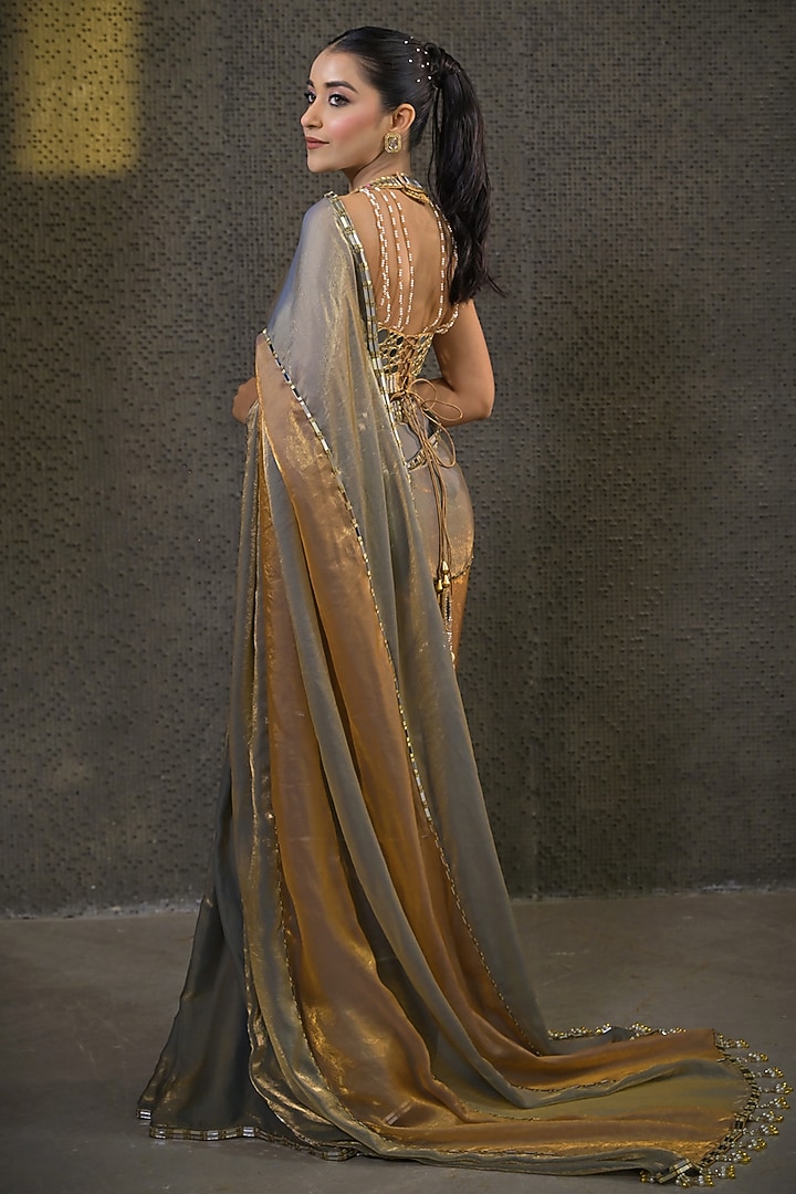Silver & Gold Imported Tissue Pre-Draped Wedding Saree Set by Label Nilansha Jain at Pernia's Pop Up Shop