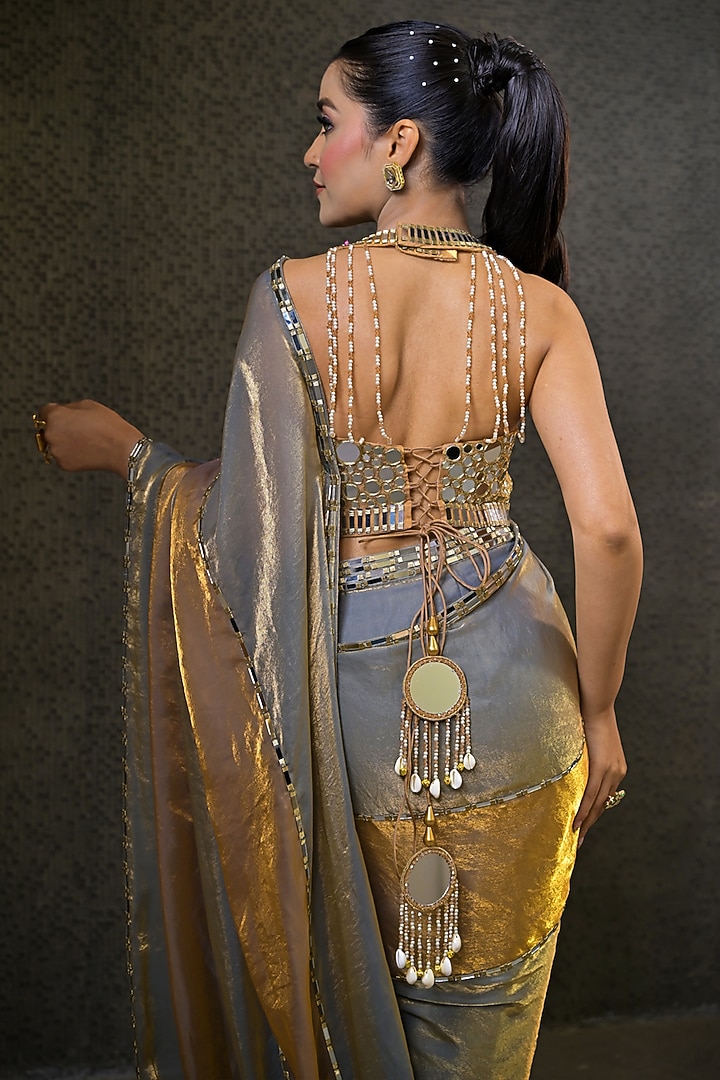 Silver & Gold Imported Tissue Pre-Draped Wedding Saree Set by Label Nilansha Jain at Pernia's Pop Up Shop