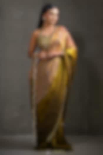Golden & Olive Green Imported Tissue Pre-Draped Wedding Saree Set by Label Nilansha Jain at Pernia's Pop Up Shop