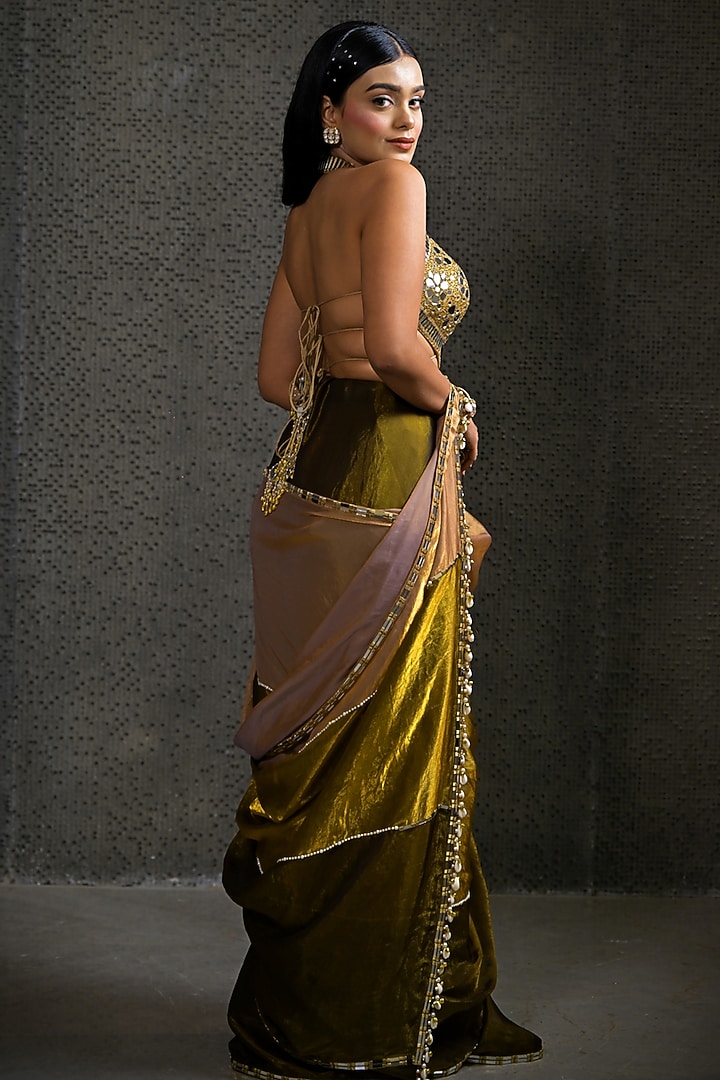 Golden & Olive Green Imported Tissue Pre-Draped Wedding Saree Set by Label Nilansha Jain at Pernia's Pop Up Shop