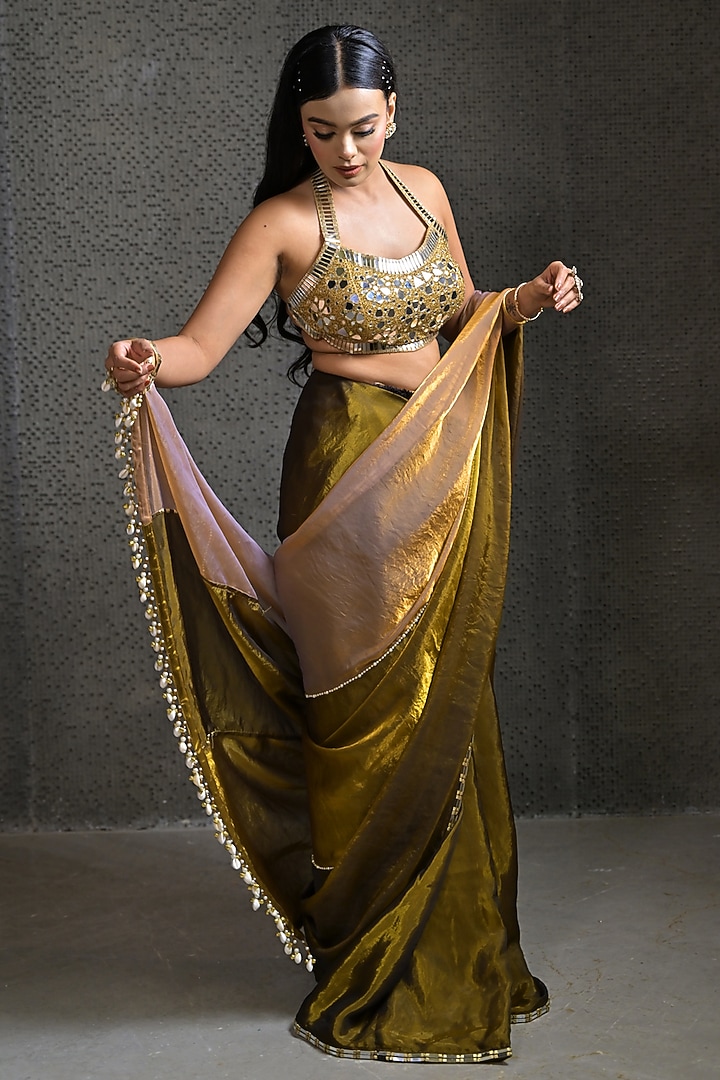 Golden & Olive Green Imported Tissue Pre-Draped Wedding Saree Set by Label Nilansha Jain at Pernia's Pop Up Shop