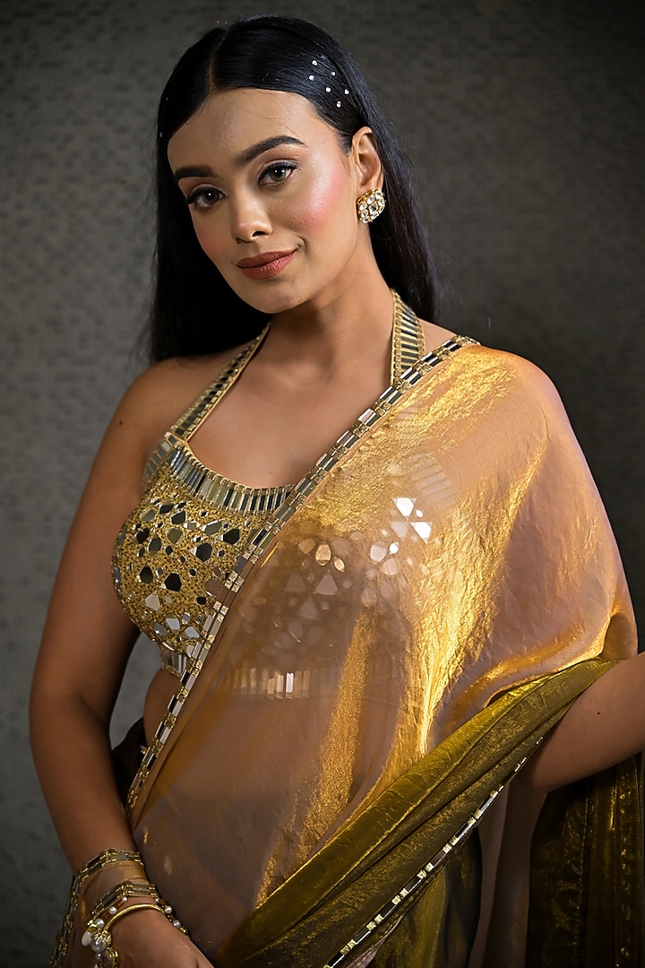 Golden & Olive Green Imported Tissue Pre-Draped Wedding Saree Set by Label Nilansha Jain at Pernia's Pop Up Shop