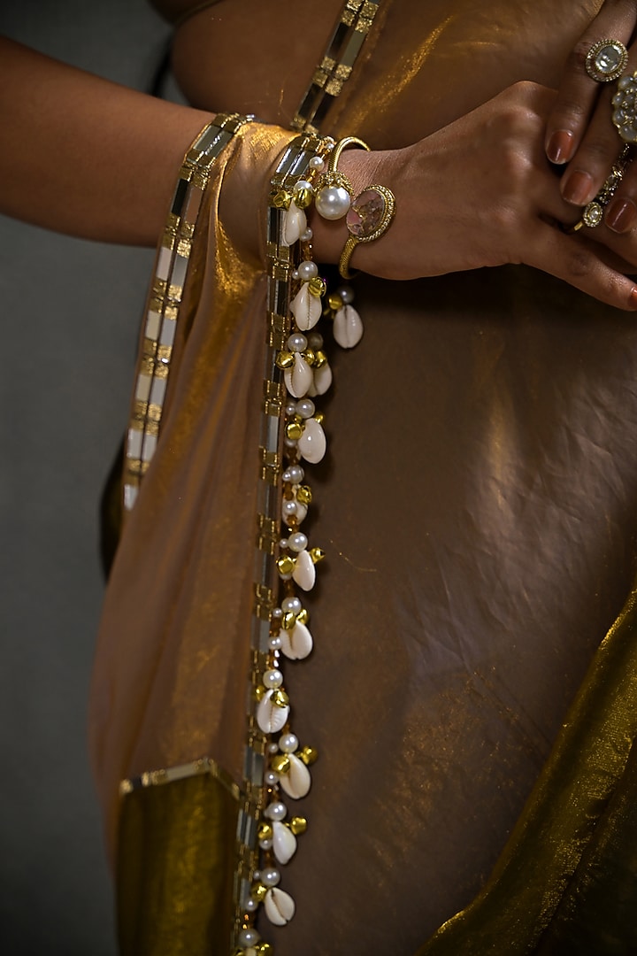 Golden & Olive Green Imported Tissue Pre-Draped Wedding Saree Set by Label Nilansha Jain at Pernia's Pop Up Shop