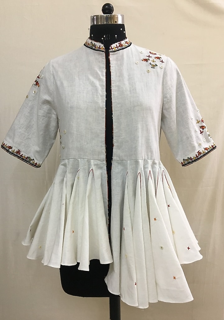 White Printed & Embroidered Peplum Jacket by Nika at Pernia's Pop Up Shop