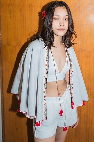 White Handwoven Cotton Embroidered Cape by Nika
