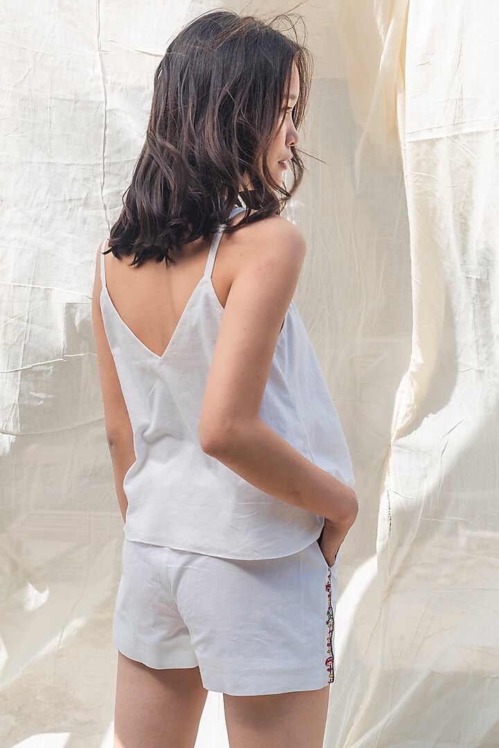 White Hand Embroidered Cami Top Design by Nika at Pernia's Pop Up