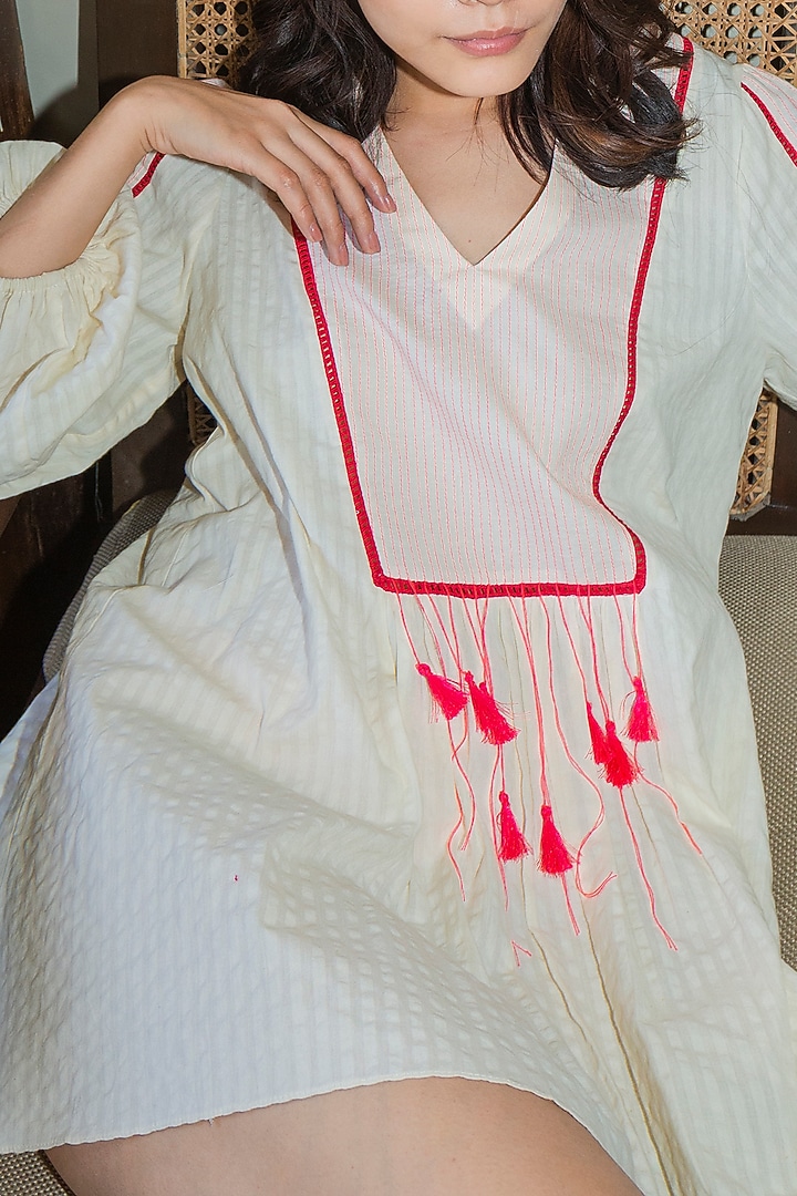 White Handwoven Cotton Top With Tassels by Nika at Pernia's Pop Up Shop