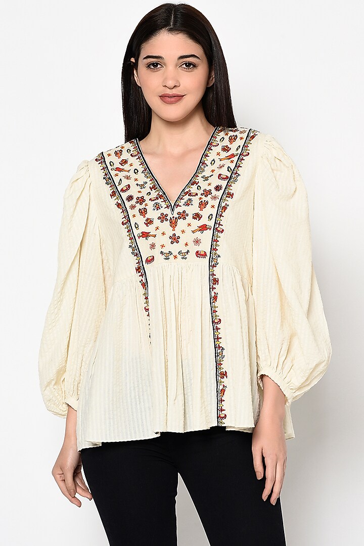 White Handwoven Cotton Embroidered Top With Tassels by Nika at Pernia's Pop Up Shop