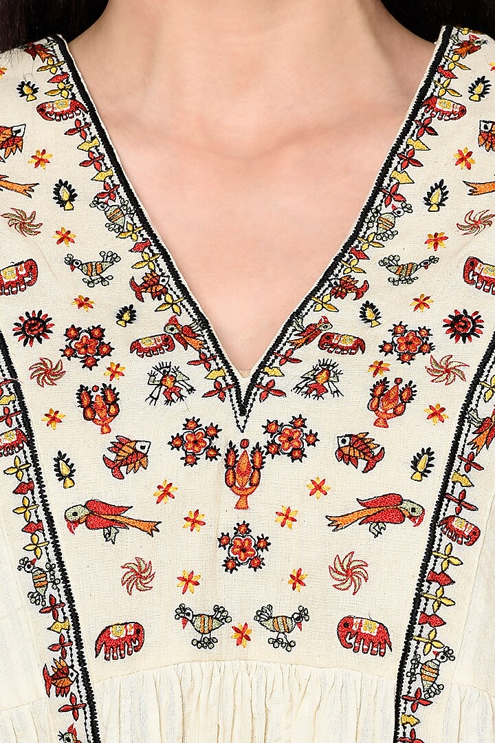 White Handwoven Cotton Embroidered Top With Tassels by Nika at Pernia's Pop Up Shop