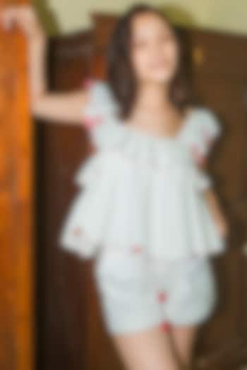 White Hand Embroidered Ruffled Top by Nika at Pernia's Pop Up Shop