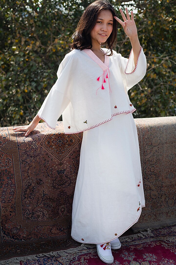 White Handwoven Cotton Embroidered Top by Nika at Pernia's Pop Up Shop