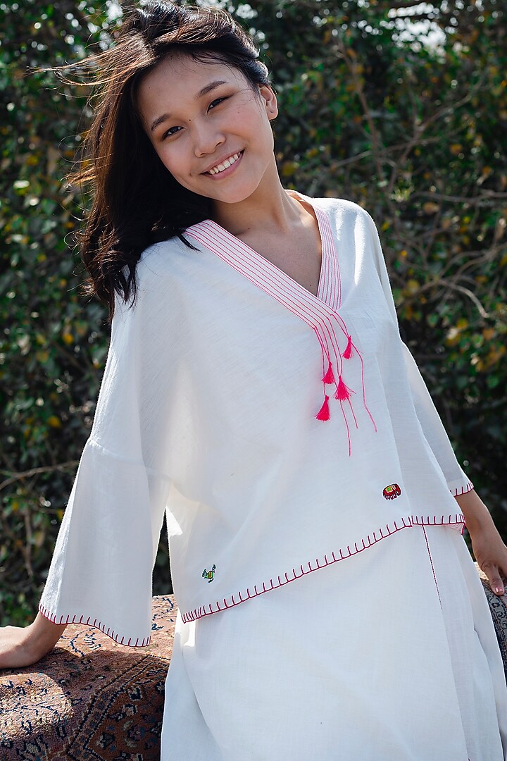 White Handwoven Cotton Embroidered Top by Nika at Pernia's Pop Up Shop