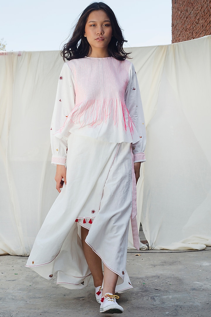 White Handwoven Cotton Top With Embroidery by Nika at Pernia's Pop Up Shop