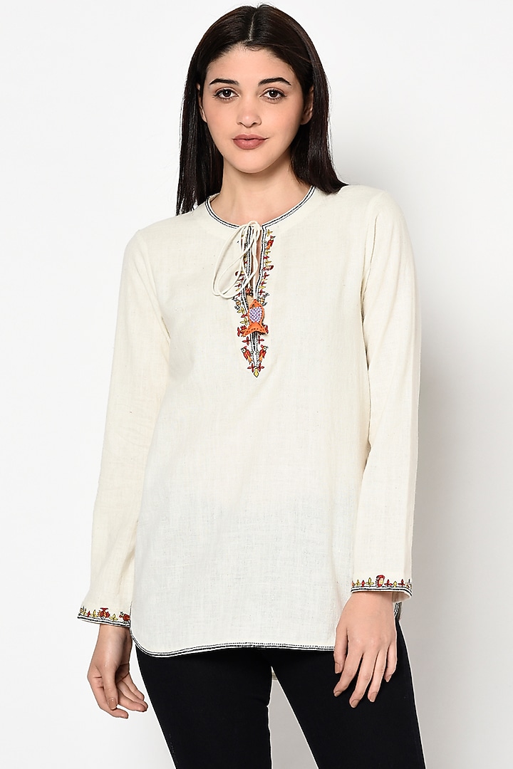 White Handwoven Cotton Embroidered Apple Cut Top by Nika at Pernia's Pop Up Shop