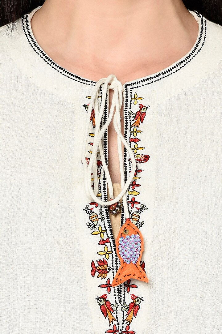 White Handwoven Cotton Embroidered Apple Cut Top by Nika at Pernia's Pop Up Shop