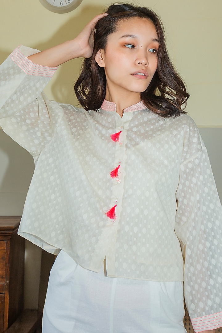 White Handwoven Cotton Cutwork Shirt by Nika at Pernia's Pop Up Shop