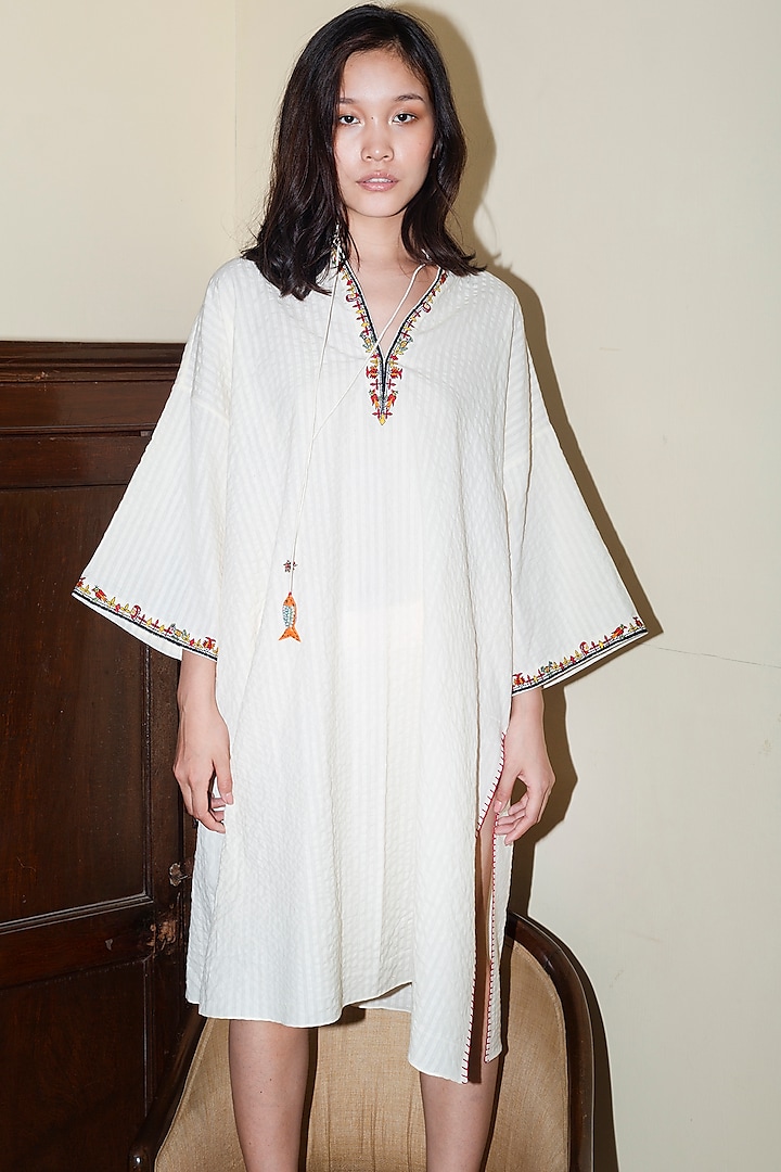 White Embroidered Handwoven Cotton Tunic With Tassels by Nika