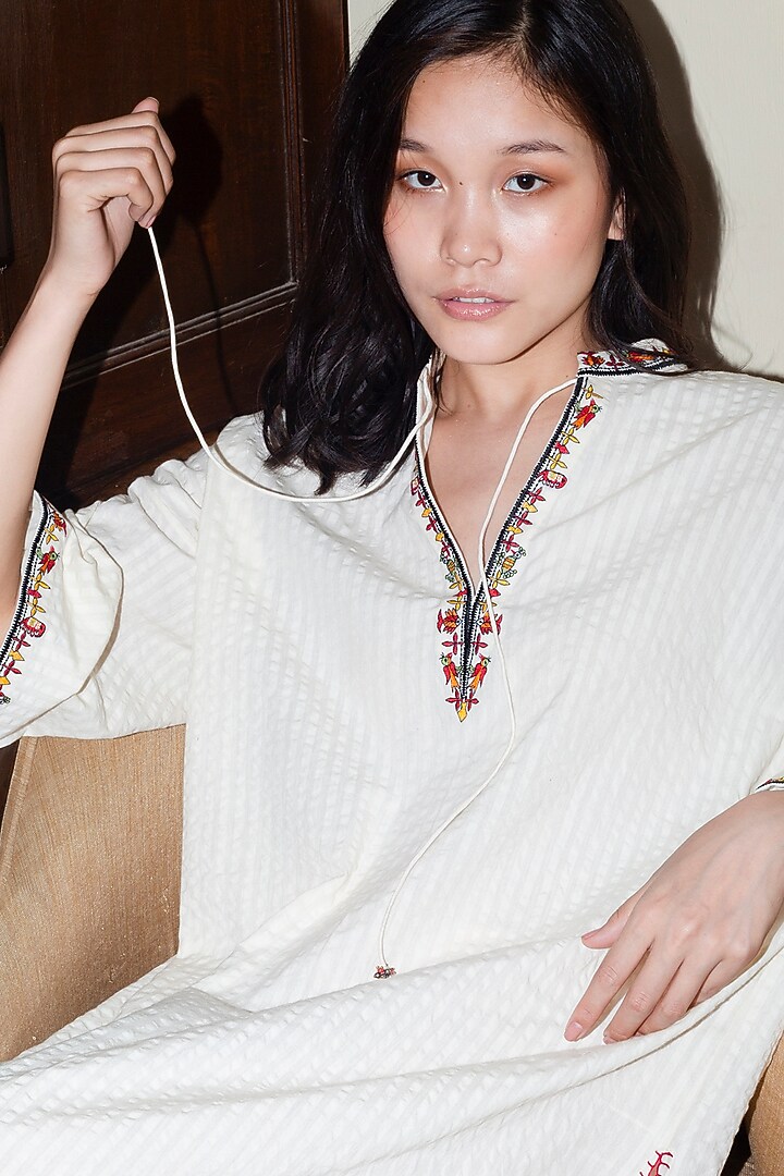 White Embroidered Handwoven Cotton Tunic With Tassels by Nika at Pernia's Pop Up Shop