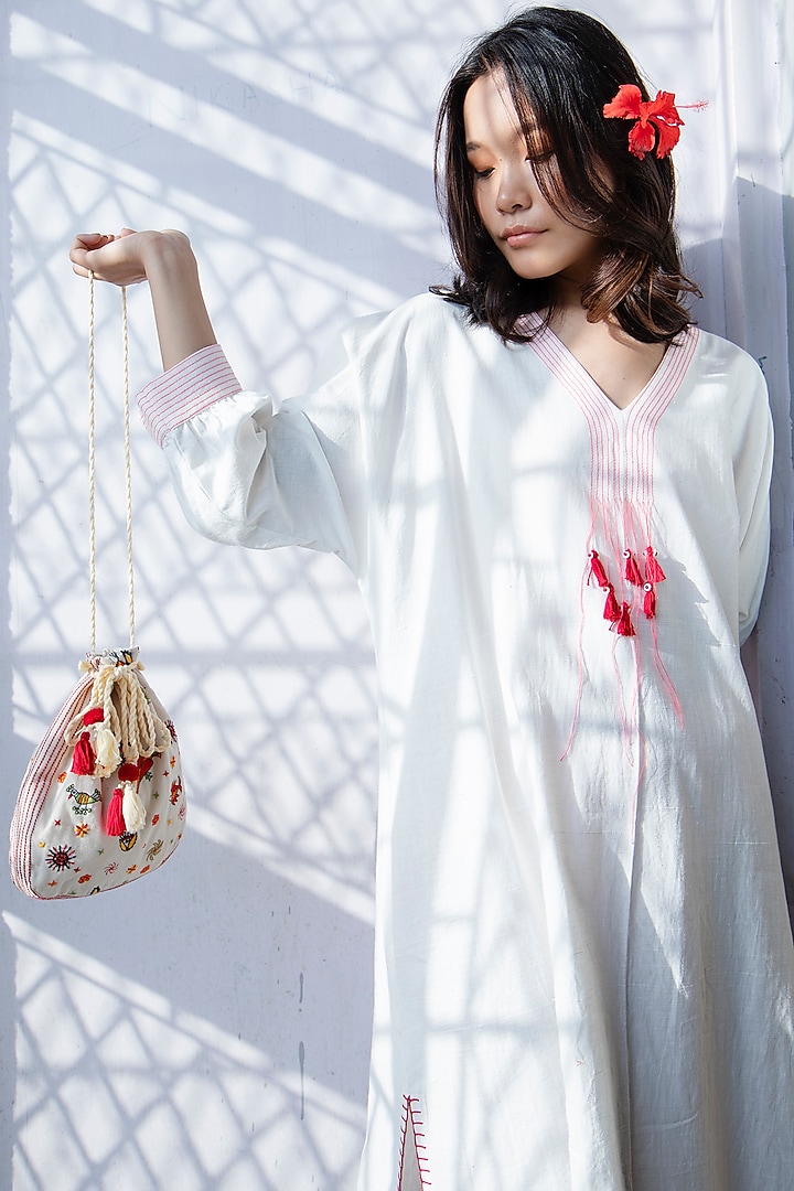 White Embroidered Tunic With Handmade Tassels by Nika at Pernia's Pop Up Shop