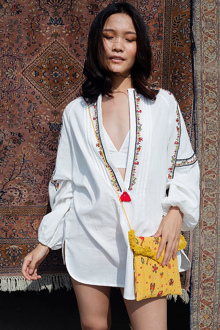 White Handwoven Cotton Tunic With Embroidery by Nika at Pernia's Pop Up Shop