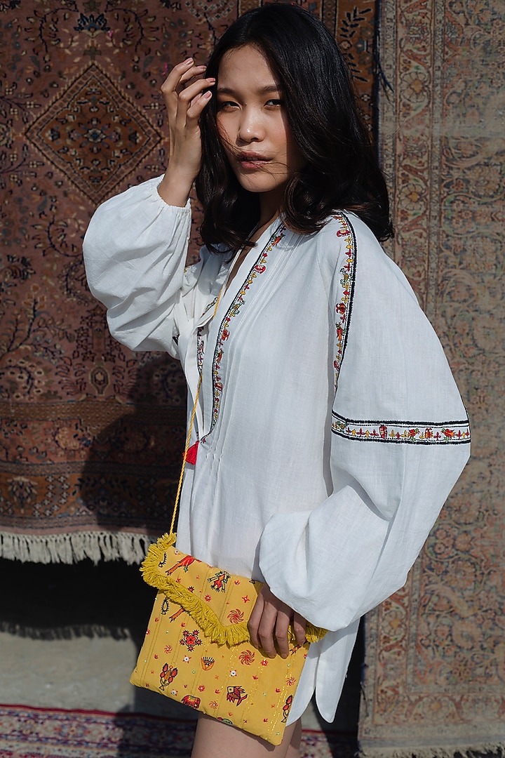 White Handwoven Cotton Tunic With Embroidery by Nika at Pernia's Pop Up Shop