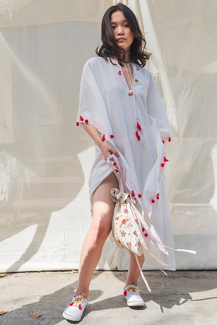 White Embroidered Kaftan Dress With Handmade Tassels by Nika