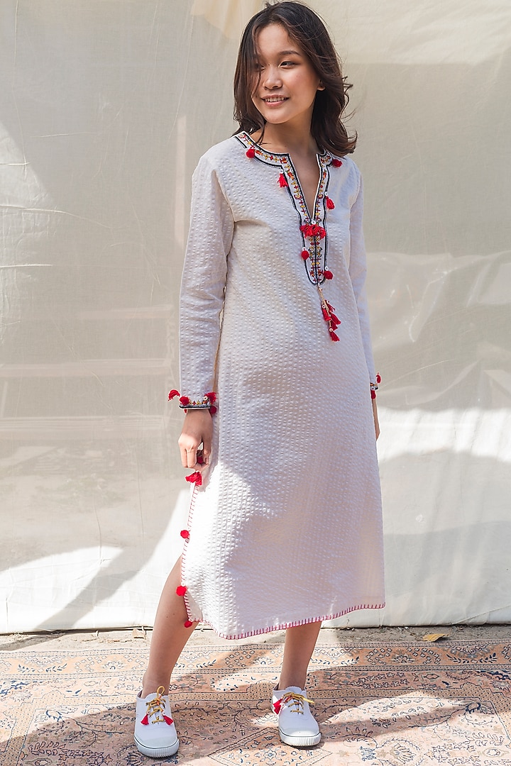 White Embroidered Straight Dress With Pom Poms by Nika