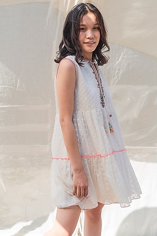 White Embroidered Handwoven Cut Work Chanderi Dress by Nika