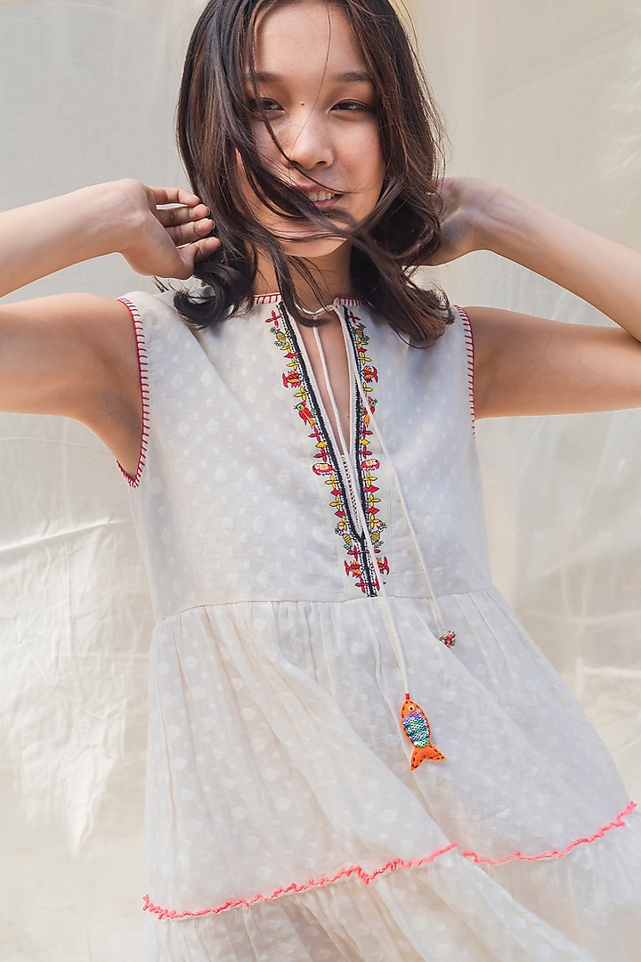 White Embroidered Handwoven Cut Work Chanderi Summer Dress by Nika at Pernia's Pop Up Shop