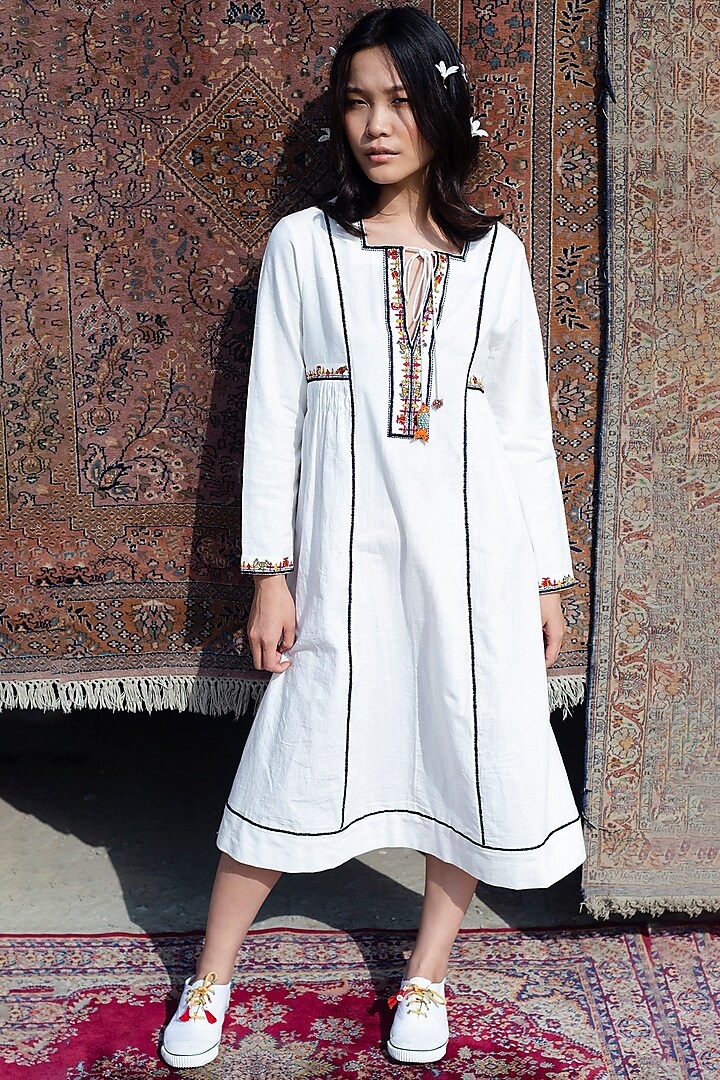 White Tasseled & Embroidered Dress by Nika
