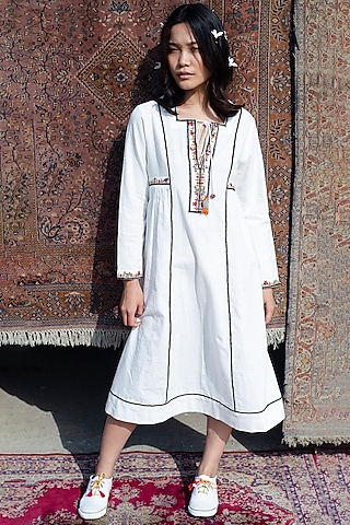White Tasseled & Embroidered Dress by Nika