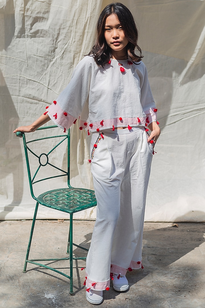 White Embroidered Pant Set by Nika