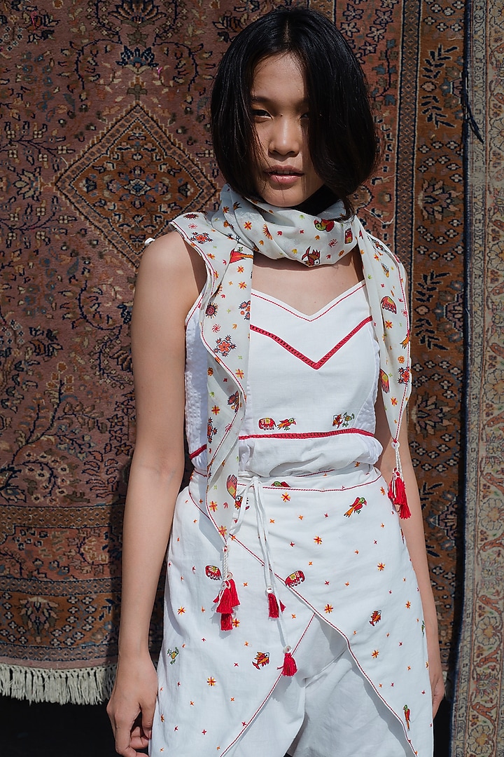 White Embroidered Wrap Pants With Tassels by Nika at Pernia's Pop Up Shop