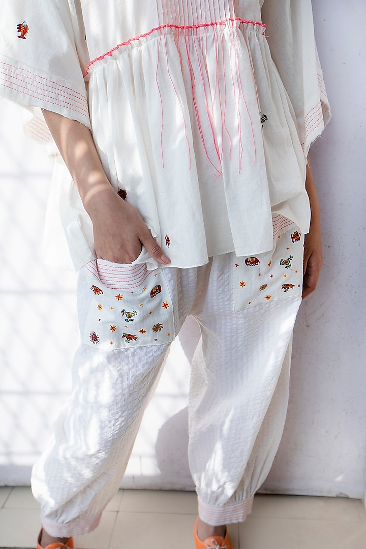 White Harem Pants With Patch Pockets by Nika