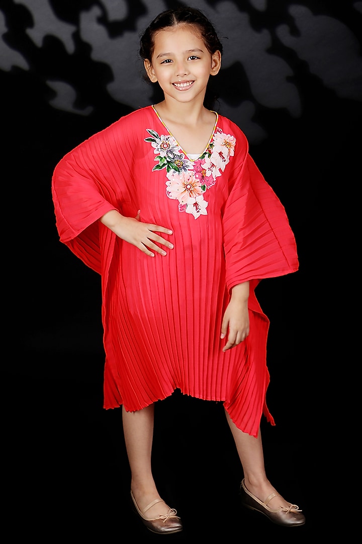 Coral Embroidered Kaftan Dress For Girls by Nikasha Kidswear
