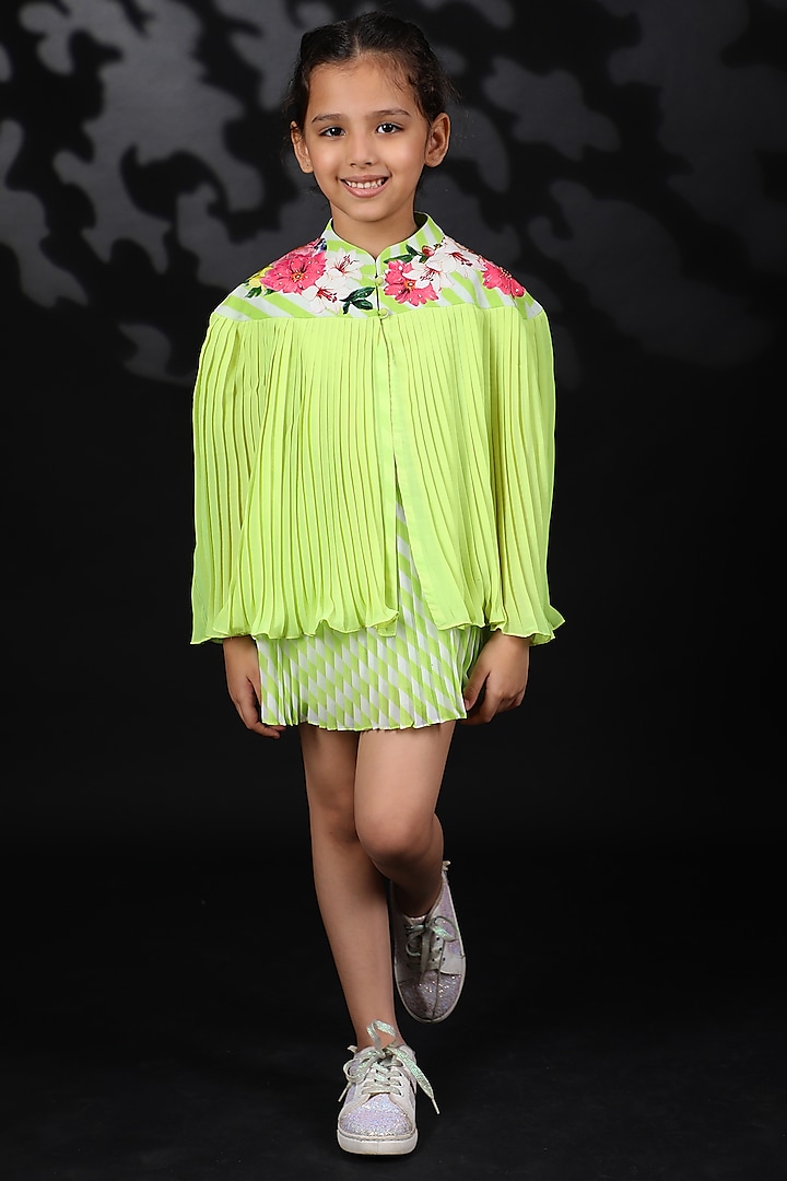 Lime Green Embroidered Cape With Top For Girls by Nikasha Kidswear