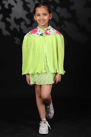 Lime Green Embroidered Cape With Top For Girls by Nikasha Kidswear