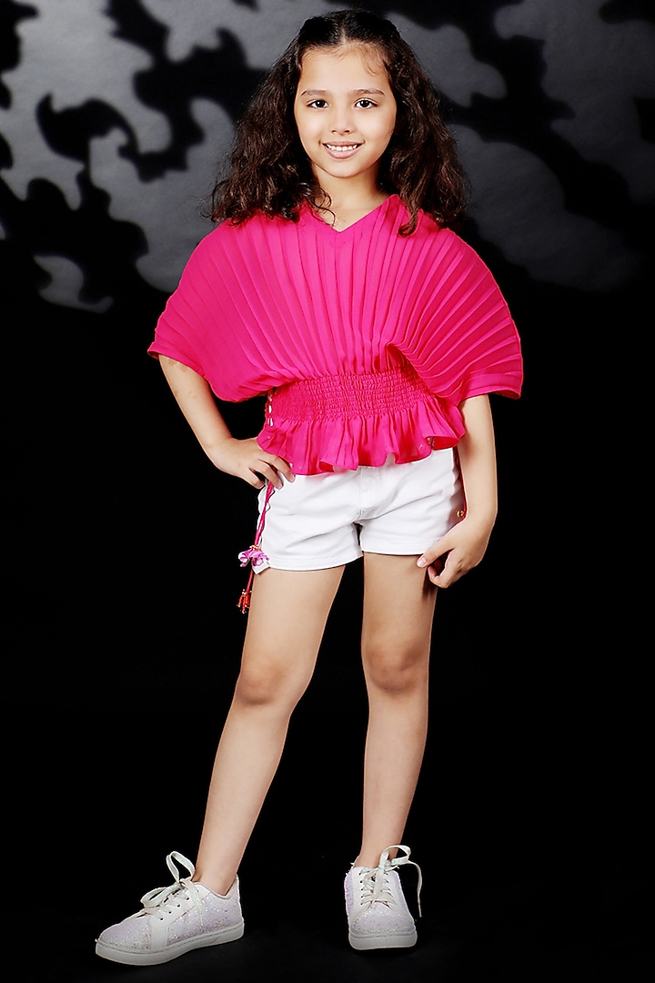 Pink Pleated Georgette Top For Girls by Nikasha Kidswear