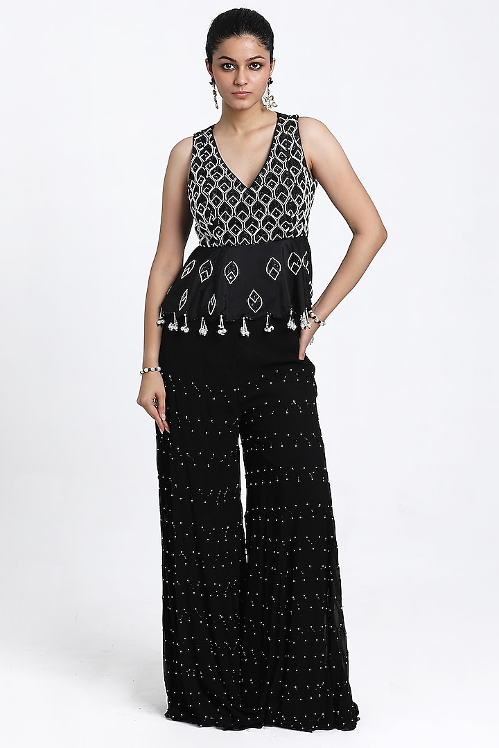 Black Georgette Inserted Wedding Sharara Set by NITISHA  KASHYAP at Pernia's Pop Up Shop