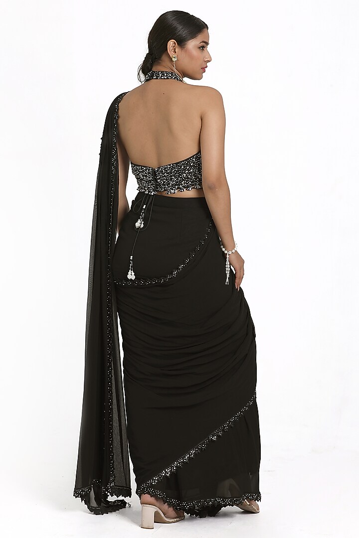 Black Georgette Mirror & Sequins Embroidered Draped Wedding Saree Set by NITISHA  KASHYAP at Pernia's Pop Up Shop