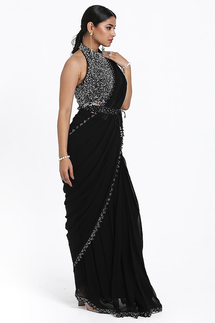 Black Georgette Mirror & Sequins Embroidered Draped Wedding Saree Set by NITISHA KASHYAP at Pernia's Pop Up Shop