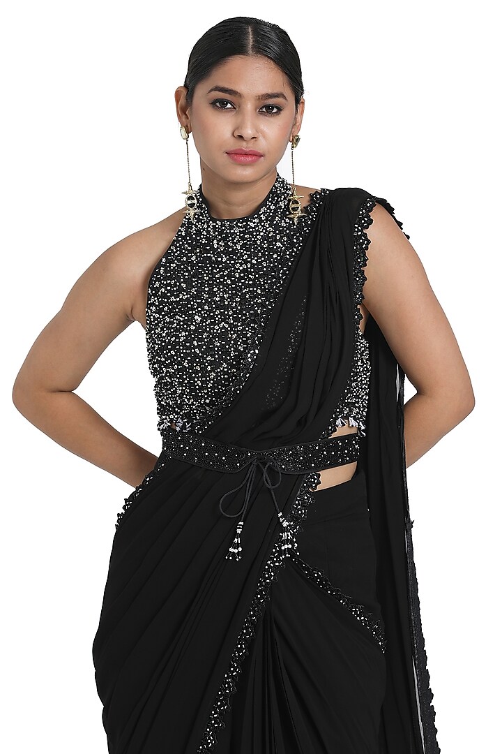 Black Georgette Mirror & Sequins Embroidered Draped Wedding Saree Set by NITISHA KASHYAP at Pernia's Pop Up Shop