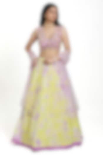 Green & Lilac Silk Floral Motif Embroidered Tie-Dye Wedding Lehenga Set by NITISHA  KASHYAP at Pernia's Pop Up Shop