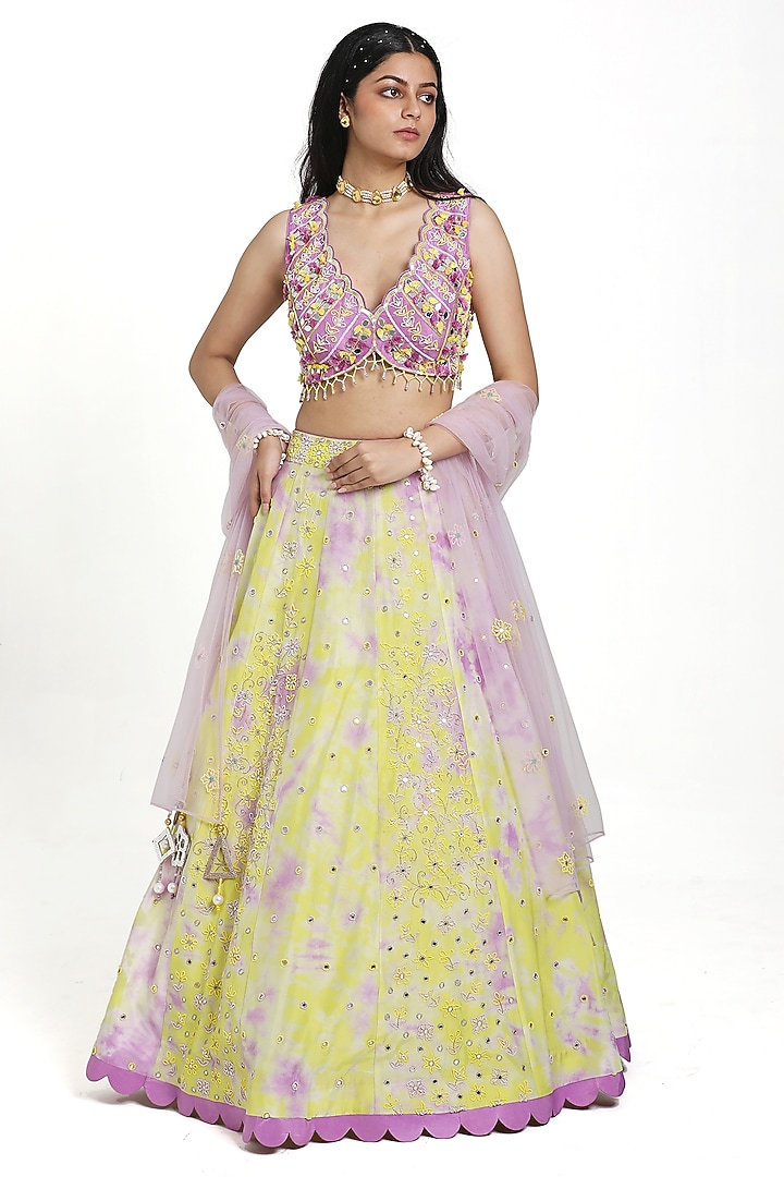 Green & Lilac Silk Floral Motif Embroidered Tie-Dye Wedding Lehenga Set by NITISHA  KASHYAP at Pernia's Pop Up Shop