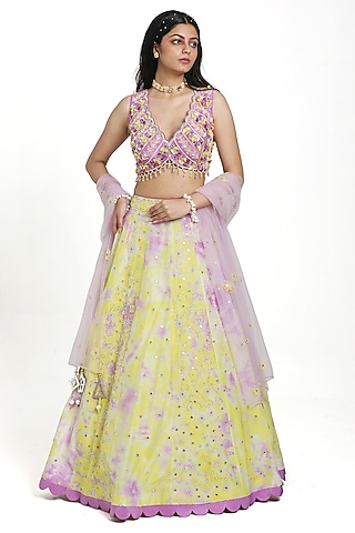 Green & Lilac Silk Floral Motif Embroidered Tie-Dye Lehenga Set by NITISHA  KASHYAP